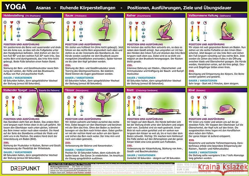 Yoga, Infotafel : Asanas - Ruhende Körperstellungen - Positionen, Ausführungen, Ziele und Übungsdauer Schulze, Michael 9783864480201