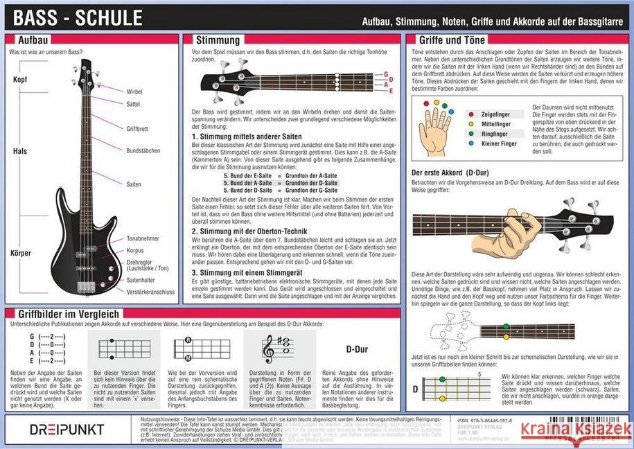 Bass-Schule, Infotafel : Aufbau, Stimmung, Noten, Griffe und Akkorde auf der Bassgitarre Schulze, Michael 9783864482878 Dreipunkt Verlag