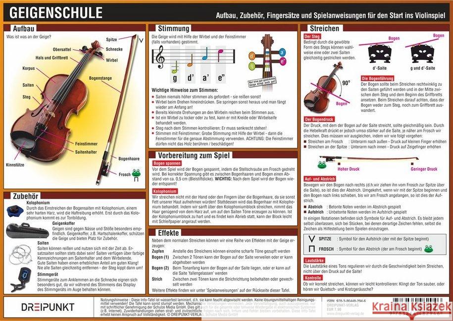 Geigenschule, Infotafel : Aufbau, Zubehör, Stimmung, Fingersätze und Spielanweisungen für den Start ins Violinspiel Schulze, Michael 9783864482946 Dreipunkt Verlag