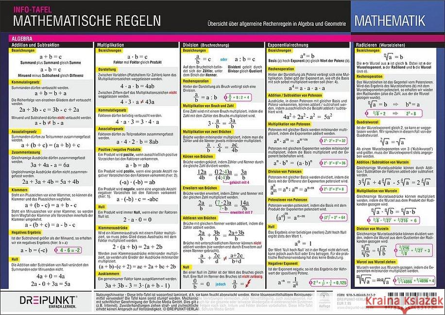 Mathematische Regeln, Info-Tafel : Übersicht über allgemeine Rechenregeln in Algebra und Geometrie Schulze, Michael 9783864483172 Dreipunkt Verlag