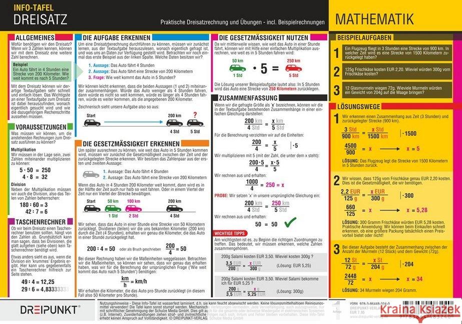 Dreisatz & Prozentrechnung, Info-Tafel : Dreisatz- und Prozentberechnungen Schritt-für-Schritt erklärt. Schulze, Michael 9783864483240 Dreipunkt Verlag