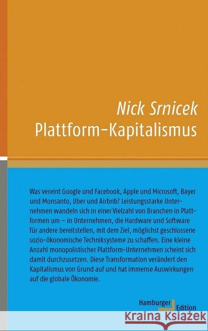 Plattform-Kapitalismus Srnicek, Nick 9783868543216 Hamburger Edition