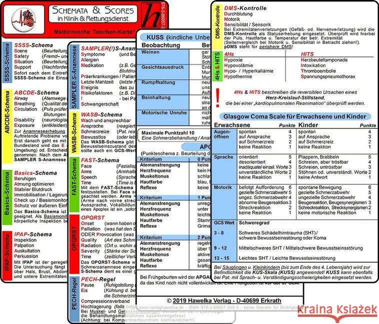 Schemata & Scores in Klinik & Rettungsdienst, 2 Medizinische Taschen-Karten : SSSS-Schema, ABCDE-Schema, Basics-Schema, IPAP-Schema, SAMPLER(!)S, WASB, FAST, OPQRST, PECH-Regel, DMS, 4Hs, HITS, GCS, K Berghaus, Sven; Hawelka, Uwe 9783869573465 Hawelka