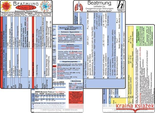 COVID-19 Beatmungs-Karten, 2 Medizinische Taschen-Karten : Respirator-Einstellungen mit ARDS / respiratorischer Insuffizienz - BGA Zielwerte, PCR-Diagnostik, Oxigenierungs-Störungen, ARDS-Network-Tabe  9783869573663 Hawelka