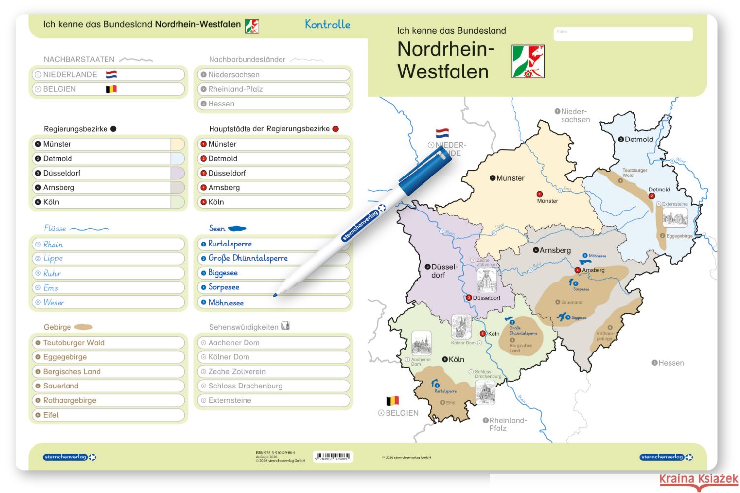 Ich kenne das Bundesland Nordrhein-Westfalen- Lerntafel mit Stift sternchenverlag GmbH, Langhans, Katrin 9783910429864 Sternchenverlag