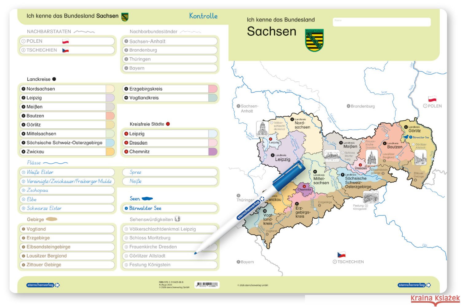 Ich kenne das Bundesland Sachsen- Lerntafel mit Stift sternchenverlag GmbH, Langhans, Katrin 9783910429888 Sternchenverlag