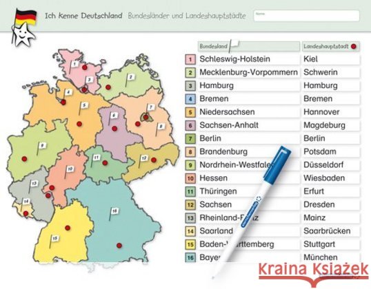 Ich kenne Deutschland - Bundesländer und Landeshauptstädte für die 3. bis 5. Klasse : Stabile wiederbeschreibbare Lernvorlage mit Spezialstift im großen Format für die Schulmappe 32,5 x 25 cm (Vorder- Langhans, Katrin 9783939293224 Sternchenverlag