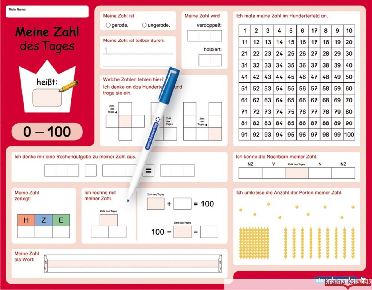 Meine Zahl des Tages 0-100 - wiederbeschreibbare Lerntafel mit Stift - Mathematik sternchenverlag GmbH, Langhans, Katrin 9783946904885 Sternchenverlag