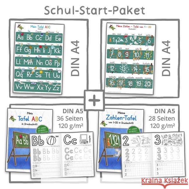 Mein Schul-Start-Paket, 2 Lernposter DIN A4 + 2 Schreiblernhefte : Mein Tafel-ABC + Meine Zahlentafel in Druckschrift Momm, Helga 9783968400815