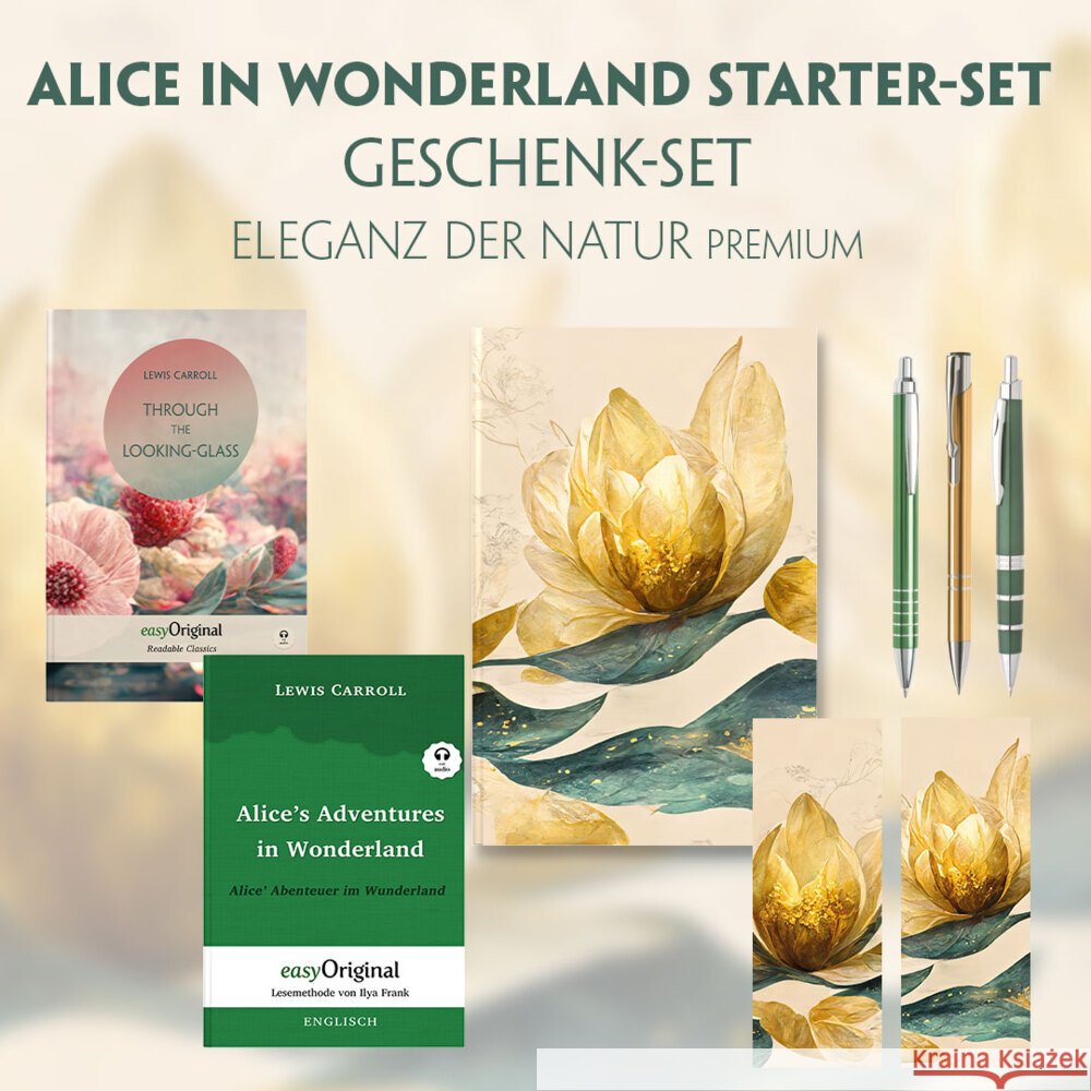 Alice im Wunderland Starter-Paket Geschenkset - 2 Bücher (mit Audio-Online) + Eleganz der Natur Schreibset Premium, m. 2 Beilage, m. 2 Buch Carroll, Lewis 9783991129332