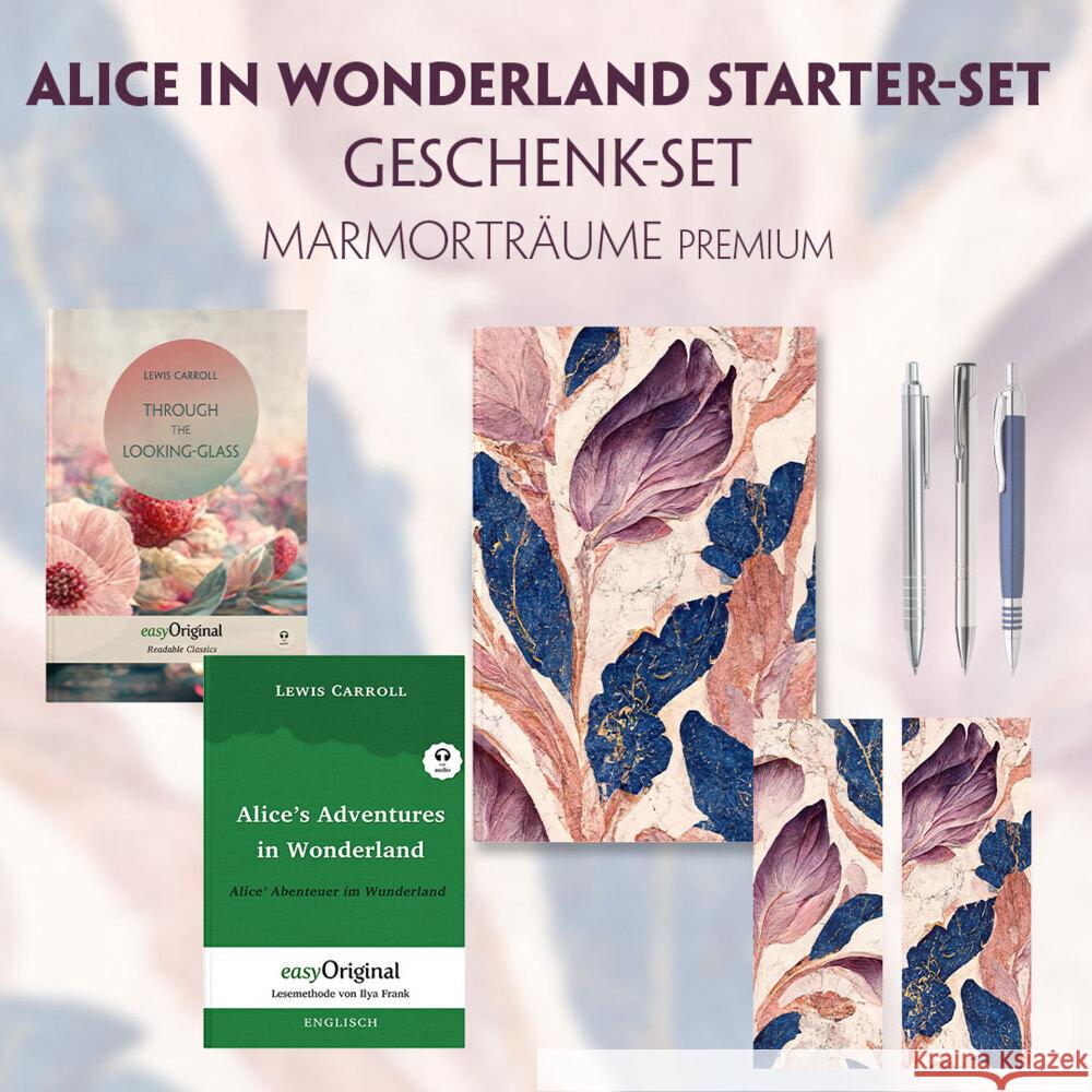 Alice im Wunderland Starter-Paket Geschenkset - 2 Bücher (mit Audio-Online) + Marmorträume Schreibset Premium, m. 2 Beilage, m. 2 Buch Carroll, Lewis 9783991129356