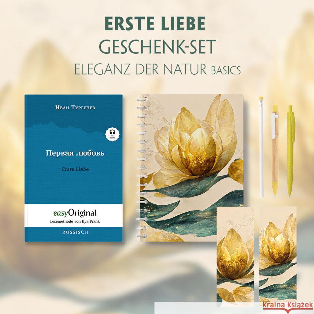 Erste Liebe Geschenkset (Softcover mit Audio-Online) + Eleganz der Natur Schreibset Basics, m. 1 Beilage, m. 1 Buch Turgenew, Iwan 9783991680369