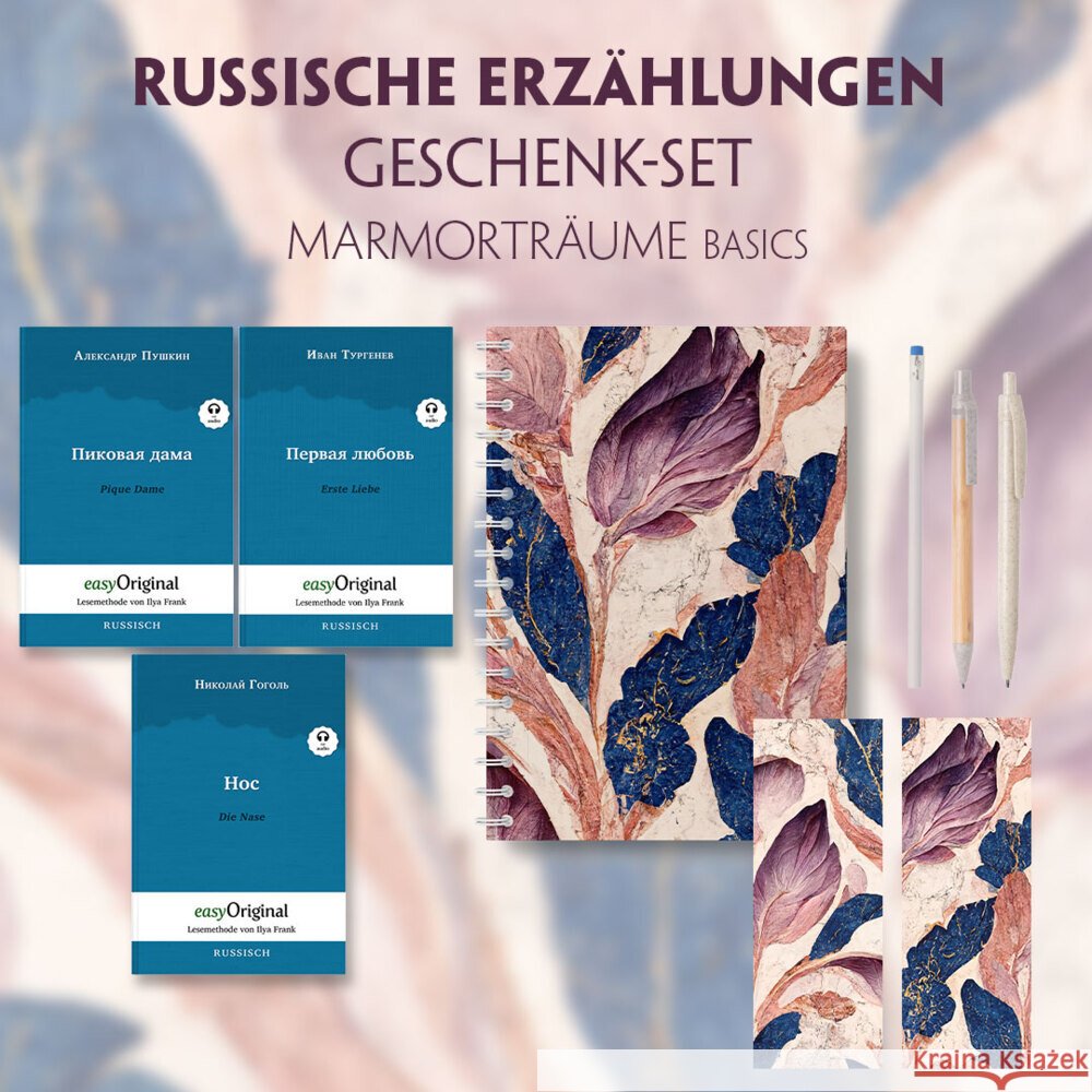Russische Erzählungen Geschenkset - 3 Bücher (mit Audio-Online) + Marmorträume Schreibset Basics, m. 3 Beilage, m. 3 Buch Gogol, Nikolai Wassiljewitsch, Puschkin, Alexander, Turgenew, Iwan 9783991680505 EasyOriginal