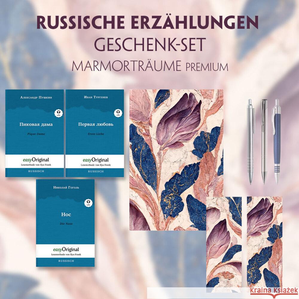 Russische Erzählungen Geschenkset - 3 Bücher (mit Audio-Online) + Marmorträume Schreibset Premium, m. 3 Beilage, m. 3 Buch Gogol, Nikolai Wassiljewitsch, Puschkin, Alexander, Turgenew, Iwan 9783991680512 EasyOriginal