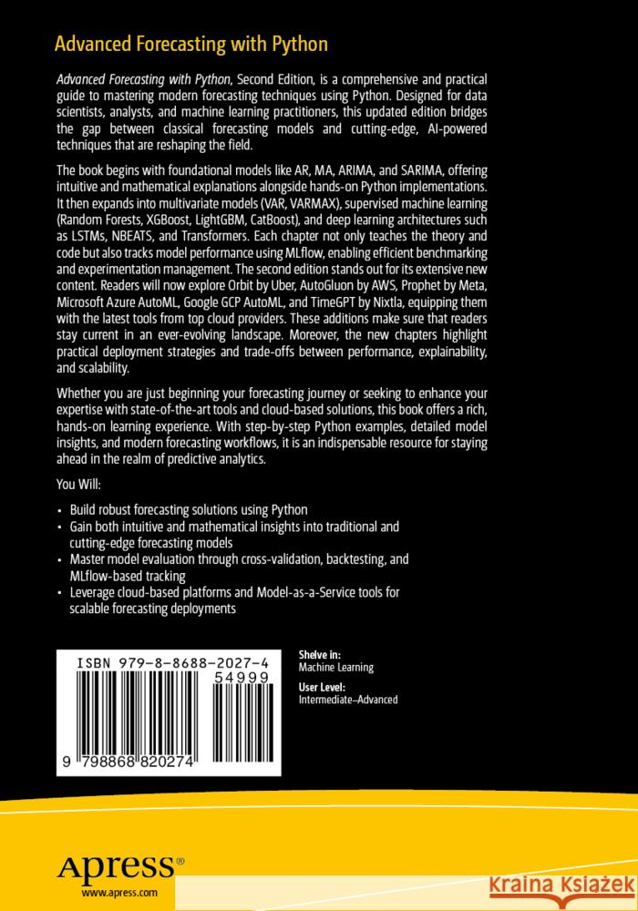 Advanced Forecasting with Python Korstanje, Joos 9798868820274 Apress