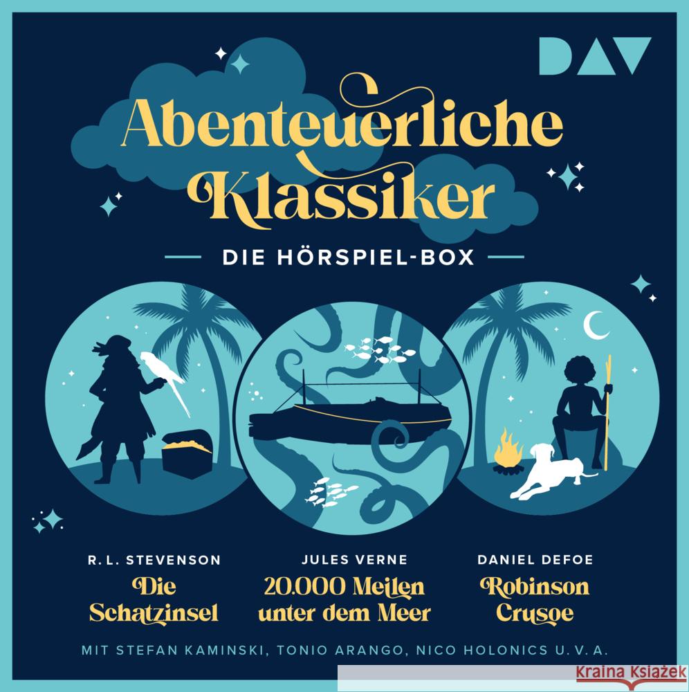 Abenteuerliche Klassiker - Die Hörspiel-Box. Die Schatzinsel, 20.000 Meilen unter dem Meer, Robinson Crusoe, 3 Audio-CD Verne, Jules, Stevenson, Robert Louis, Defoe, Daniel 9783742433411 Der Audio Verlag, DAV - książka