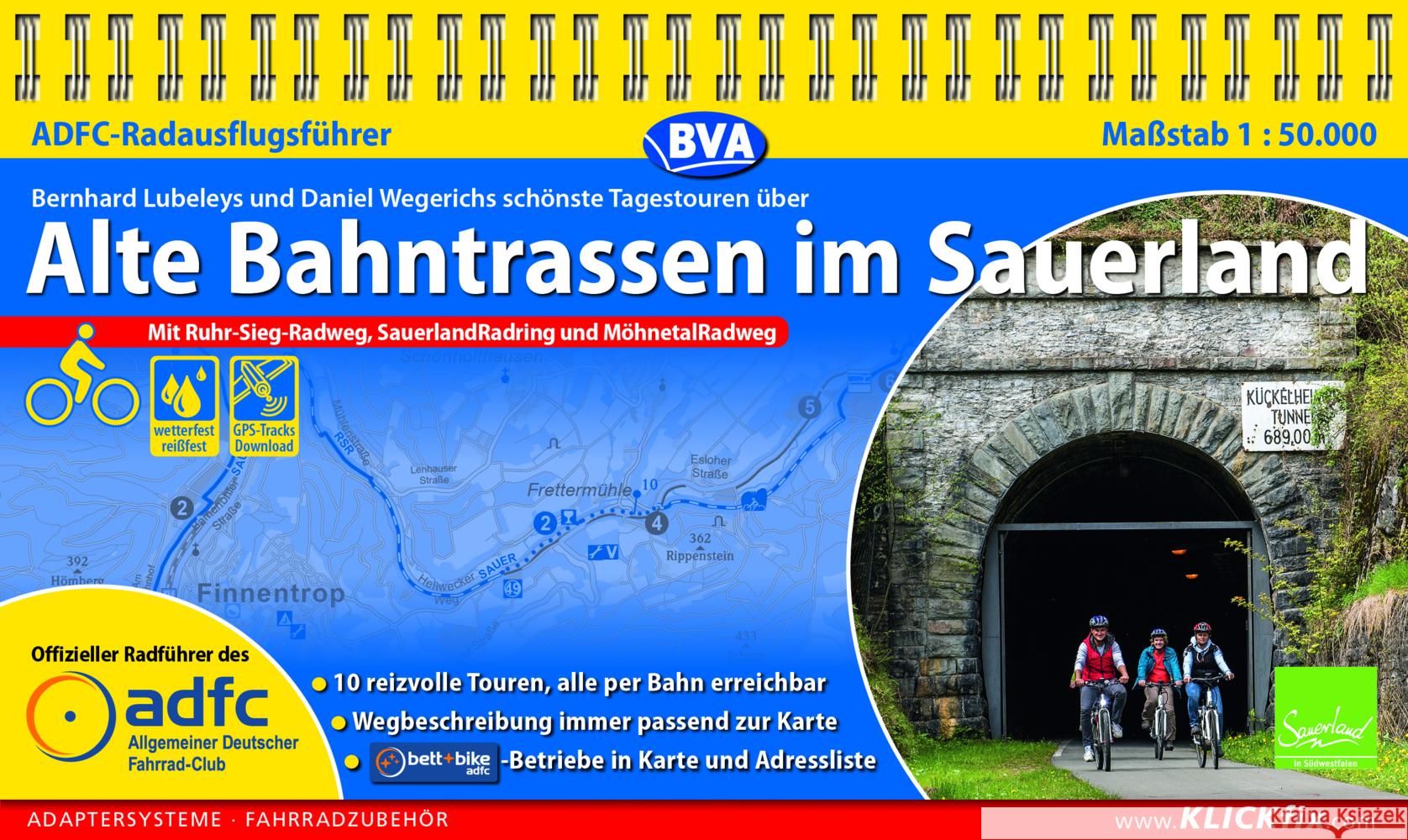 ADFC-Radausflugsführer Alte Bahntrassen im Sauerland 1:50.000 praktische Spiralbindung, reiß- und wetterfest, GPS-Tracks Download Lubeley, Bernhard, Wegerich, Daniel 9783969900369 BVA BikeMedia - książka