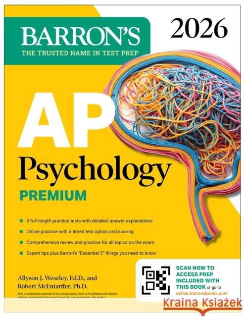 AP Psychology Premium, 2026: Prep Book with 3 Practice Tests + Comprehensive Review + Online Practice Robert McEntarffer 9781506297774 Barrons Educational Services - książka