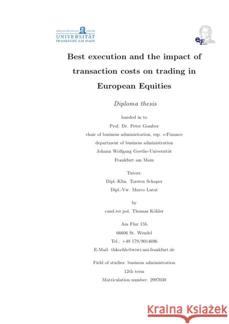 Best execution and the impact of transaction costs on trading in European Equities Köhler, Thomas 9783737579957 epubli - książka