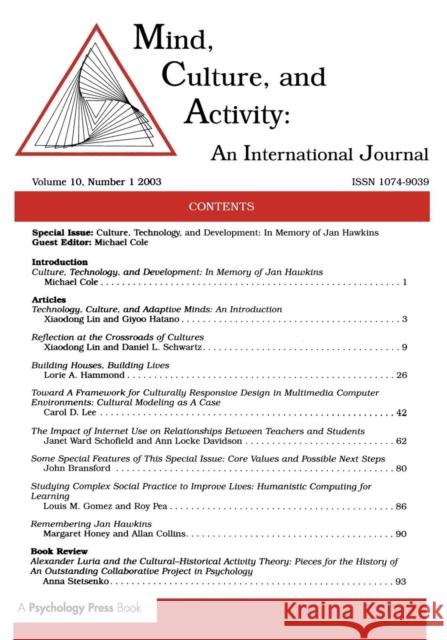 Culture, Technology, and Development: In Memory of Jan Hawkins: a Special Issue of mind, Culture, and Activity Cole, Michael 9780805896114 Lawrence Erlbaum Associates - książka