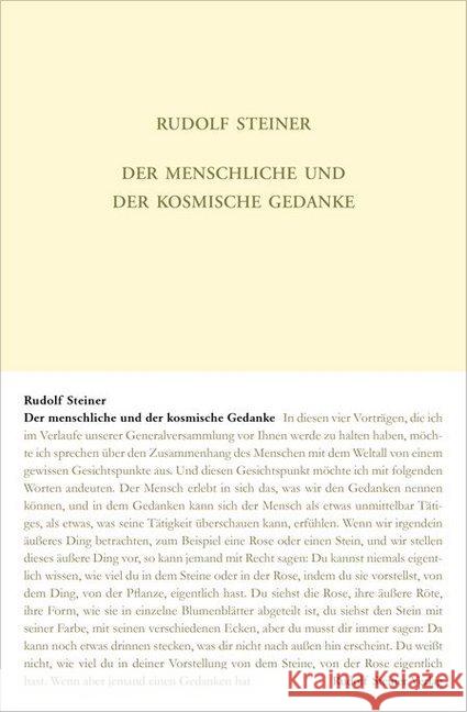 Der menschliche und der kosmische Gedanke : 4 Vorträge, Berlin 1914  9783727415111 Rudolf Steiner Verlag - książka