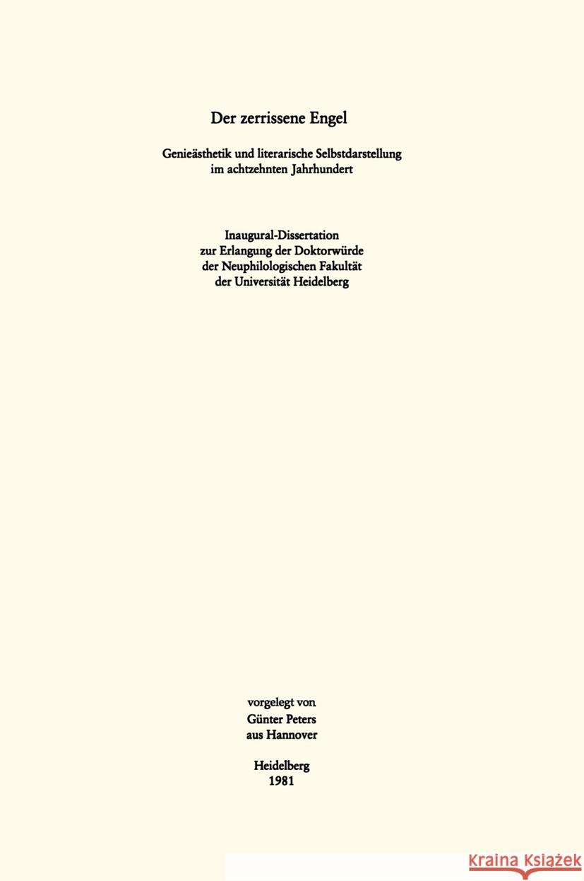 Der Zerrissene Engel G?nter Peters 9783476995889 J.B. Metzler - książka