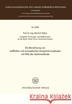 Die Berechnung Von Stofflichen Und Energetischen Ausgleichsvorgängen Mit Hilfe Der Matrixmethode Köhne, Heinrich 9783531023922 Vs Verlag Fur Sozialwissenschaften - książka