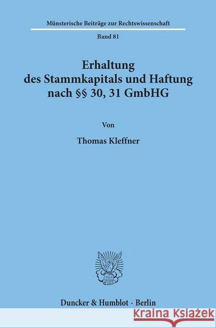 Erhaltung Des Stammkapitals Und Haftung Nach 30, 31 Gmbhg Kleffner, Thomas 9783428079308 Duncker & Humblot - książka