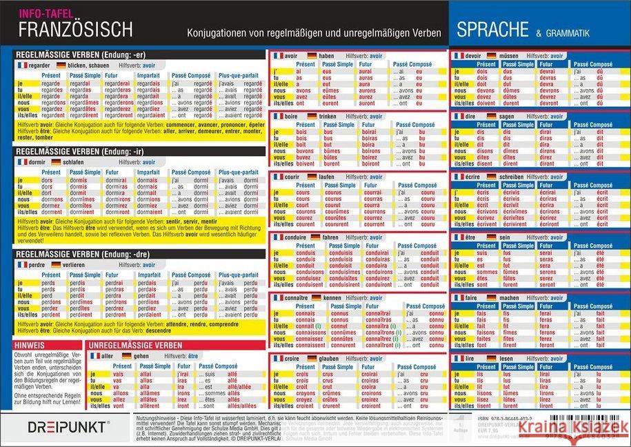 Französisch - Verben, Info-Tafel : Konjugationen von regelmäßigen und unregelmäßigen Verben in der französischen Sprache Schulze, Michael 9783864484032 Dreipunkt Verlag - książka