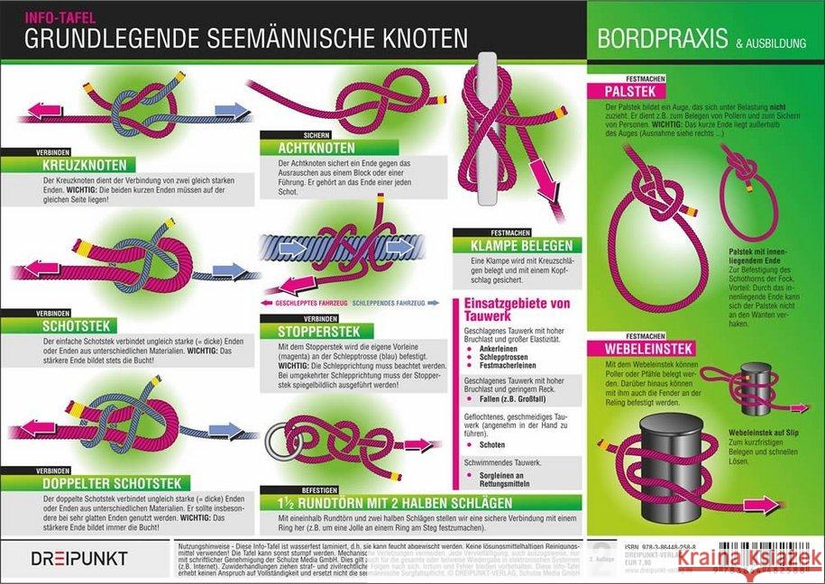 Grundlegende seemännische Knoten, Info-Tafel : Darstellungen und Herstellungsanleitungen zu den wichtigsten seemännischen Knoten. Schulze, Michael 9783864482588 Dreipunkt Verlag - książka