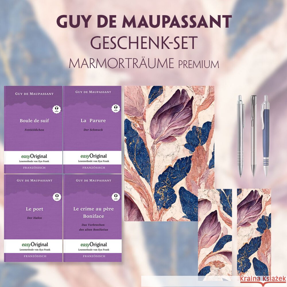 Guy de Maupassant Geschenkset - 4 Bücher (mit Audio-Online) + Marmorträume Schreibset Premium, m. 4 Beilage, m. 4 Buch Maupassant, Guy de 9783991129554 EasyOriginal - książka