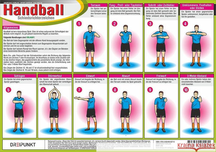 Handball - Schiedsrichterzeichen, Info-Tafel : Erkennen von Entscheidungen der Schiedsrichter beim Handballspiel Schulze, Michael 9783864480270 Dreipunkt Verlag - książka