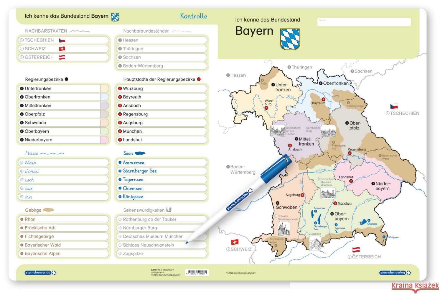 Ich kenne das Bundesland Bayern- Lerntafel mit Stift sternchenverlag GmbH, Langhans, Katrin 9783910429871 Sternchenverlag - książka