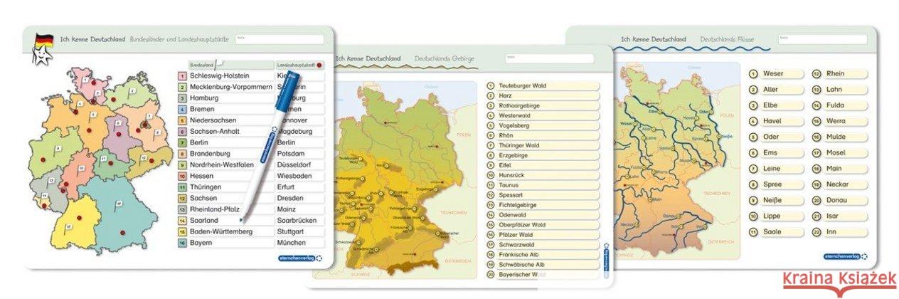 Ich kenne Deutschland - Bundesländer & Landeshauptstädte, Flüsse, Gebirge, 3 Lernvorlagen : Für die 3. bis 5. Klasse - 3 stabile wiederbeschreibbare Lernvorlagen im großen Format, 32,5 x 25 cm (Vorder Langhans, Katrin 9783946904052 Sternchenverlag - książka