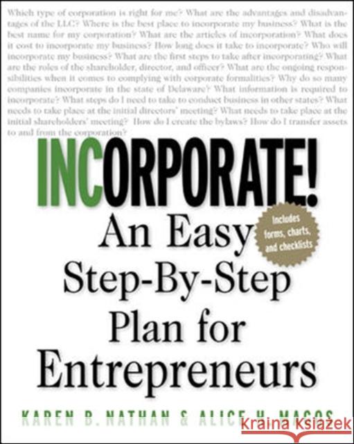 Incorporate! Karen B. Nathan Fred T. Plemenos Alice Magos 9780071409834 McGraw-Hill Companies - książka