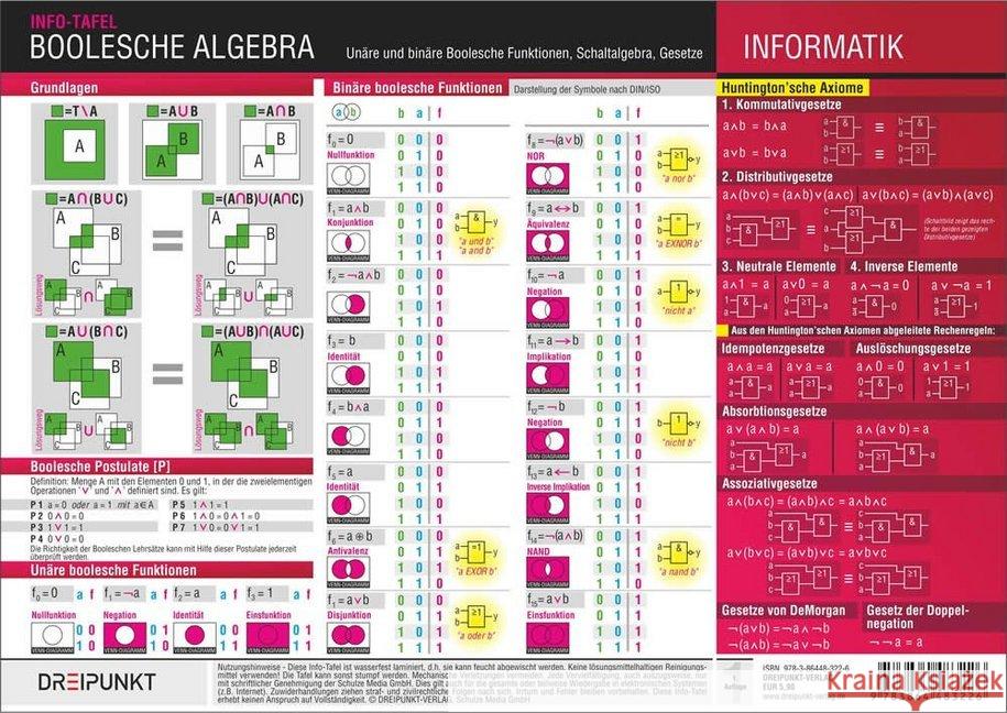 Informatik - Boolesche Algebra, Infotafel : Unäre und binäre Boolesche Funktionen, Schaltalgebra und Gesetze Schulze, Michael 9783864483226 Dreipunkt Verlag - książka