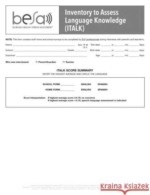 Inventory to Assess Language Knowledge (Italk) Elizabeth D. Pena Vera F. Gutierrez-Clellen Aquiles Iglesias 9781681252858 Brookes Publishing Company - książka