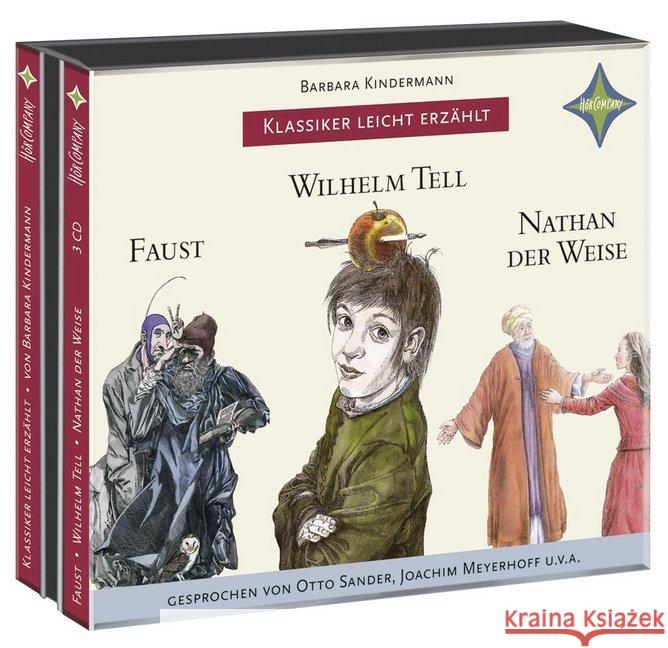 Klassiker leicht erzählt - 3er-Box: Faust, Wilhelm Tell, Nathan der Weise, 1 MP3-CD Kindermann, Barbara; Lessing, Gotthold E.; Goethe, Johann W. von 9783942587624 Hörcompany - książka