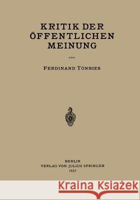 Kritik Der Öffentlichen Meinung Tönnies, Ferdinant 9783642517716 Springer - książka