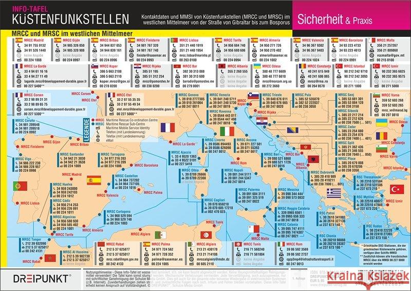 Küstenfunkstellen Westliches Mittelmeer, Info-Tafel : Kontaktdaten und MMSI von Küstenfunkstellen (MRCC und MRSC) im westlichen Mittelmeer von der Straße von Gibraltar bis zum Bosporus. MRCC und MRSC  Schulze, Michael 9783864482663 Dreipunkt Verlag - książka