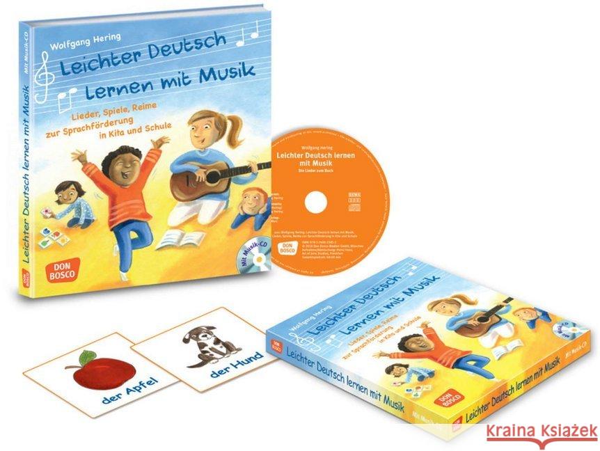 Leichter Deutsch lernen mit Musik, m. Audio-CD und Bildkarten : Lieder, Spiele, Reime zur Sprachförderung in Kita und Schule. Inkl. Downloadcode Hering, Wolfgang 9783769823813 Don Bosco Verlag - książka