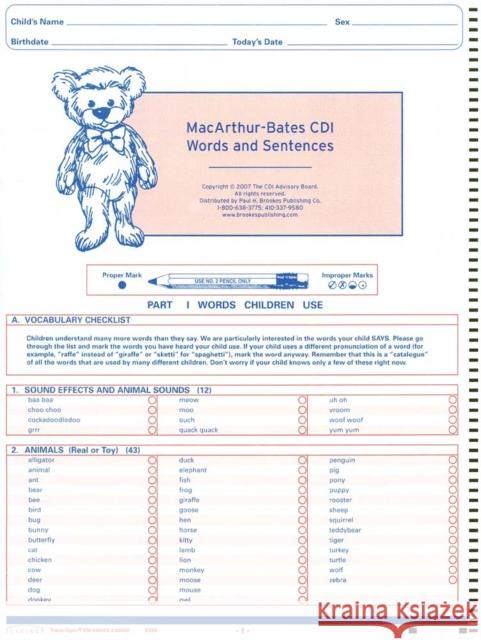Macarthur-Bates Communicative Development Inventories (CDI) Words and Sentences, Ncs Scannable, English Fenson, Larry 9781557668899 Brookes Publishing Co - książka