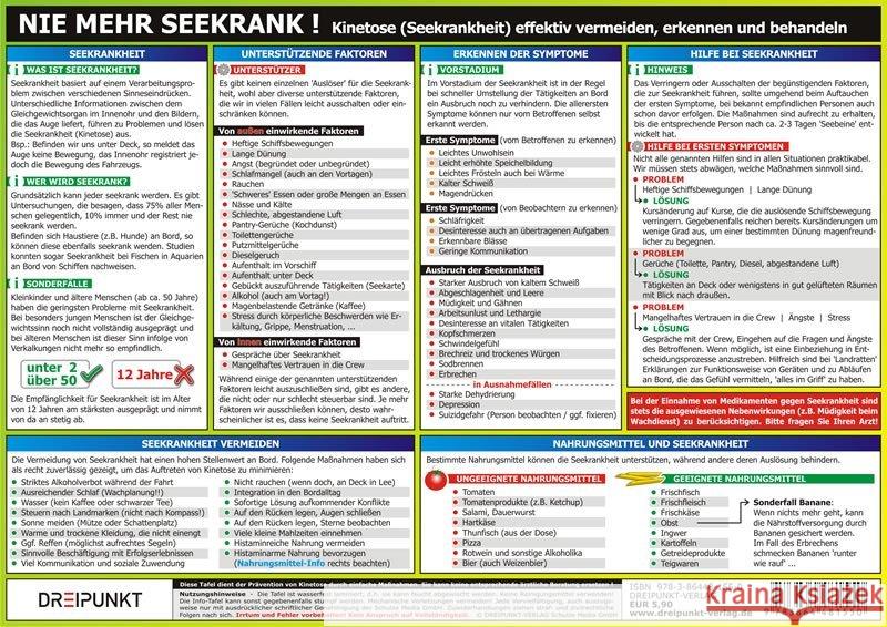 Nie mehr seekrank!, Infotafel : Kinetose (Seekrankheit) effektiv vermeiden, erkennen und behandeln Schulze, Michael 9783864481550 Dreipunkt Verlag - książka