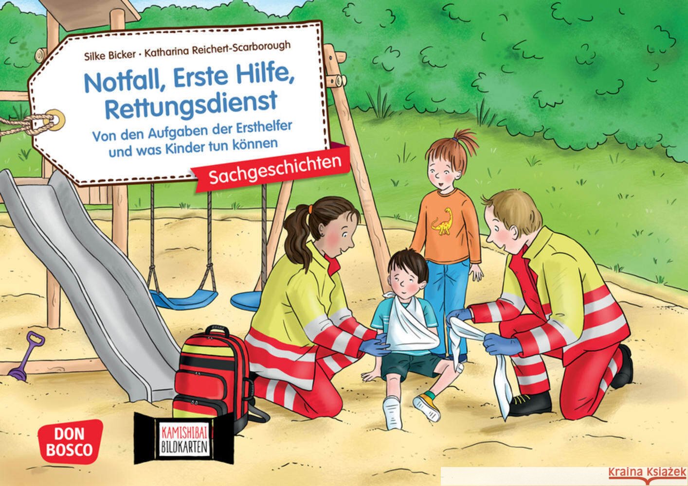 Notfall, Erste Hilfe, Rettungsdienst. Von den Aufgaben der Ersthelfer und was Kinder tun können. Kamishibai Bildkartenset Bicker, Silke 4260694923221 Don Bosco Medien - książka