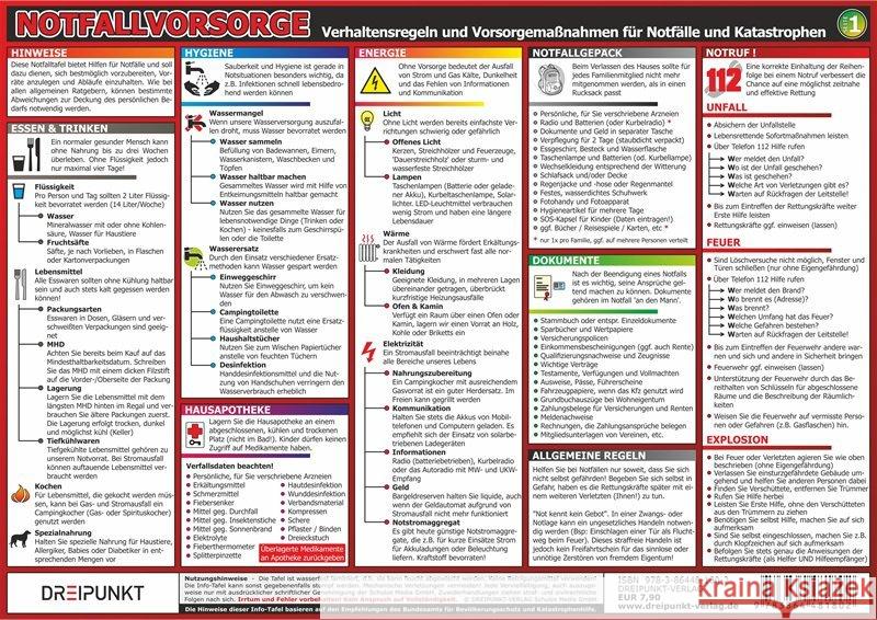 Notfallvorsorge, Info-Tafel : Verhaltensregeln und Vorsorgemaßnahmen für Notfälle und Katastrophen Schulze, Michael 9783864481802 Dreipunkt Verlag - książka