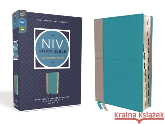 NIV Study Bible, Fully Revised Edition, Leathersoft, Teal/Gray, Red Letter, Thumb Indexed, Comfort Print