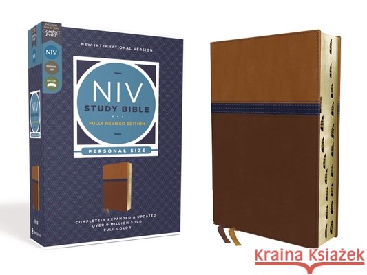 NIV Study Bible, Fully Revised Edition, Personal Size, Leathersoft, Brown/Blue, Red Letter, Thumb Indexed, Comfort Print