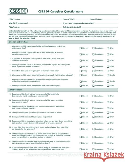CSBS DP (TM) Caregiver Questionnaires : Communication and Symbolic Behavior Scales Developmental Profile (CSBS DP (TM))