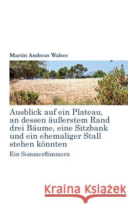 Ausblick auf ein Plateau, an dessen äussertem Rand drei Bäume, eine Sitzbank und ein ehemaliger Stall stehen könnten: Ein Sommerflimmern