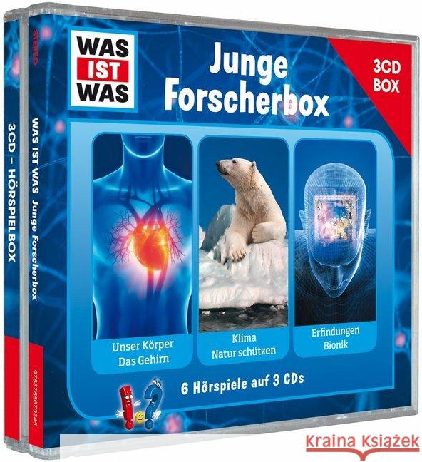 Was ist was Hörspielbox: Junge Forscher-Box, 3 Audio-CDs : Unser Körper/ Das Gehirn, Klima/ Natur schützen, Erfindungen/ Bionik. 6 Hörspiele
